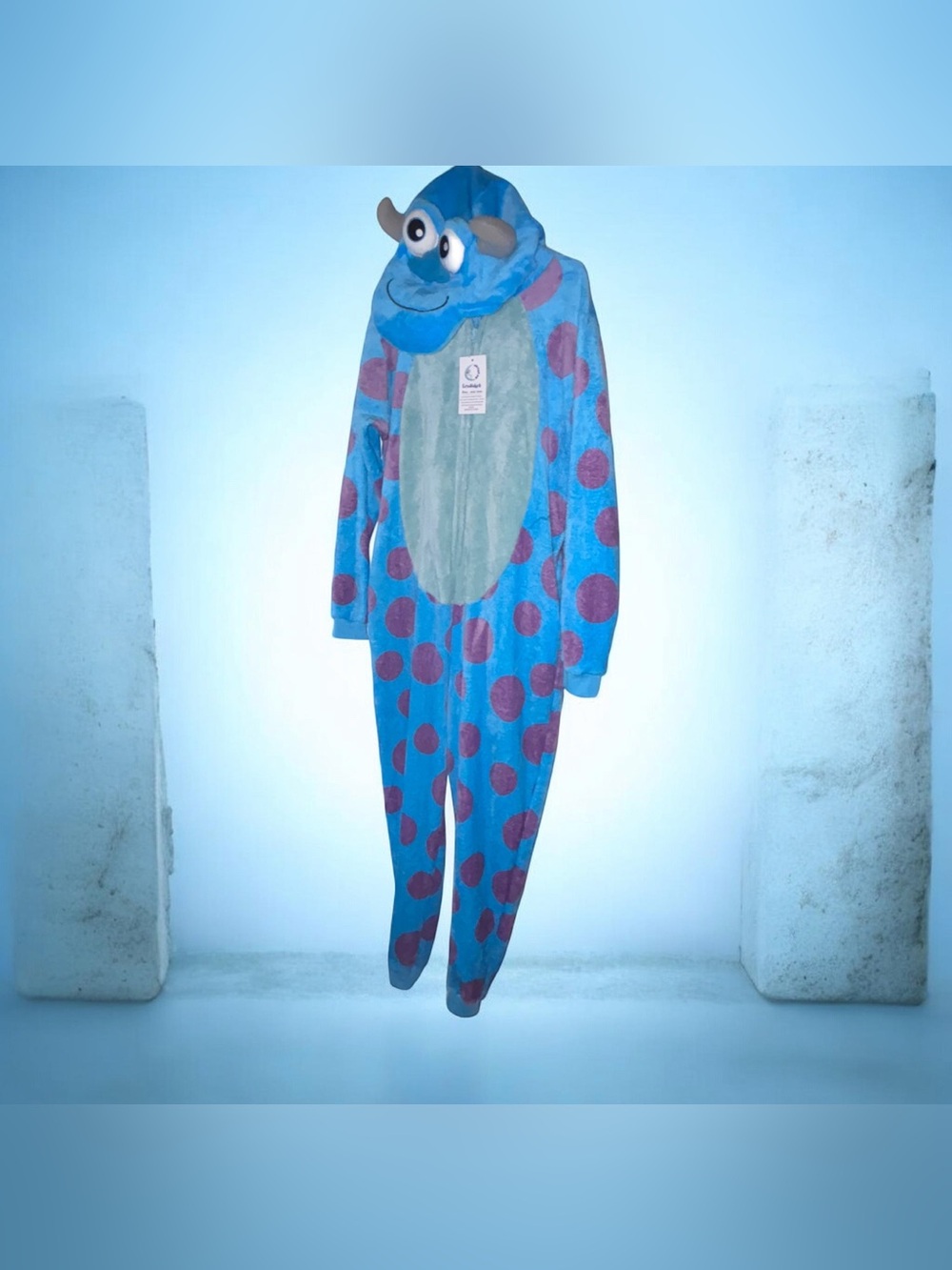 Unisex Adult S Blue Monster Hooded Pajama Onesie with Purple Polka Dots Cosplay